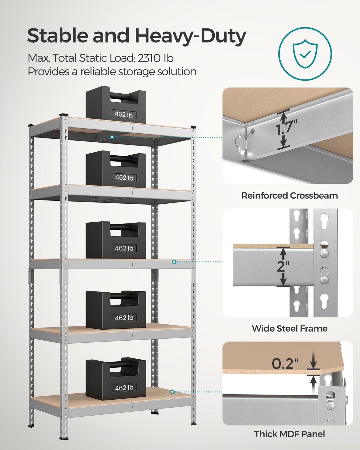 SONGMICS 5-Tier Storage Shelves, Load 2310 lb, Garage Storage, Boltless Assembly, Adjustable Shelving Unit, 17.7 x 35.4 x 70.9 Inches, for Study Shed Basement, Silver and Natural Beige UGLR450E01 SONGMICS