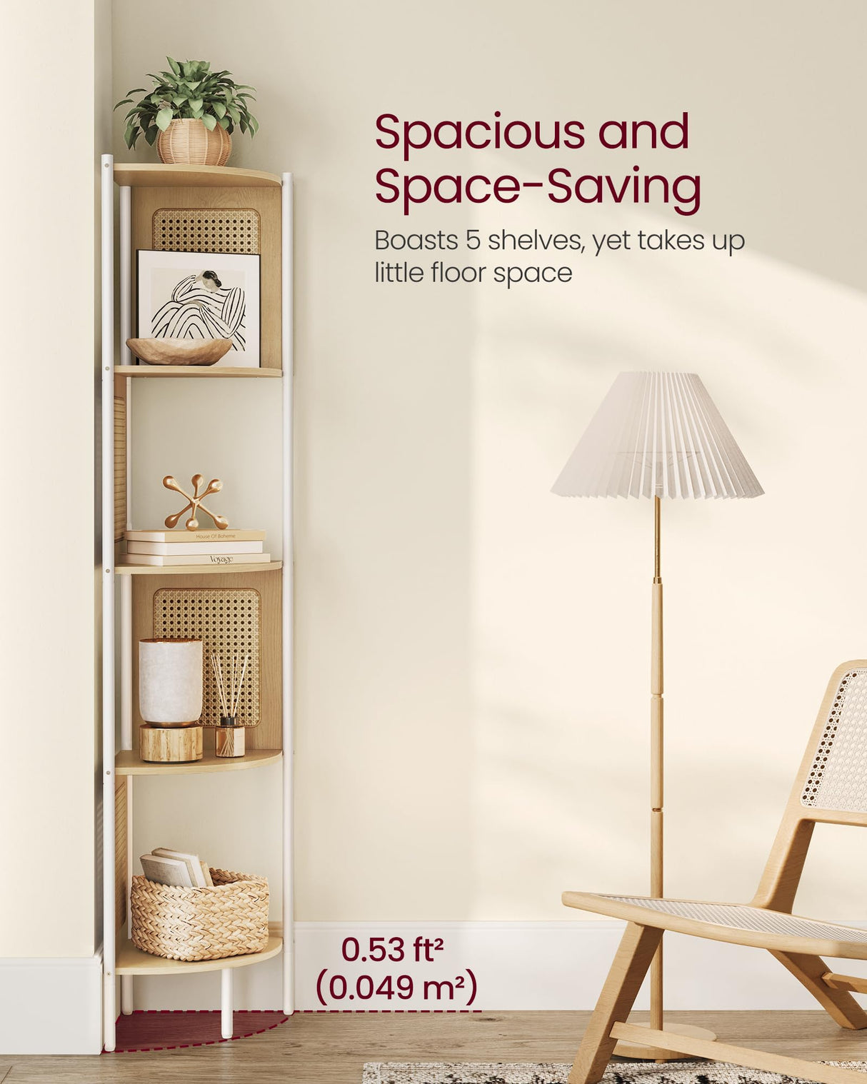 VASAGLE 5-Tier Corner Shelf Stand, Boho Corner Bookshelf with Polyrattan Sides, Plant Stand for Living Room Bedroom Study Kitchen, Oak Beige ULLS588Y57 VASAGLE