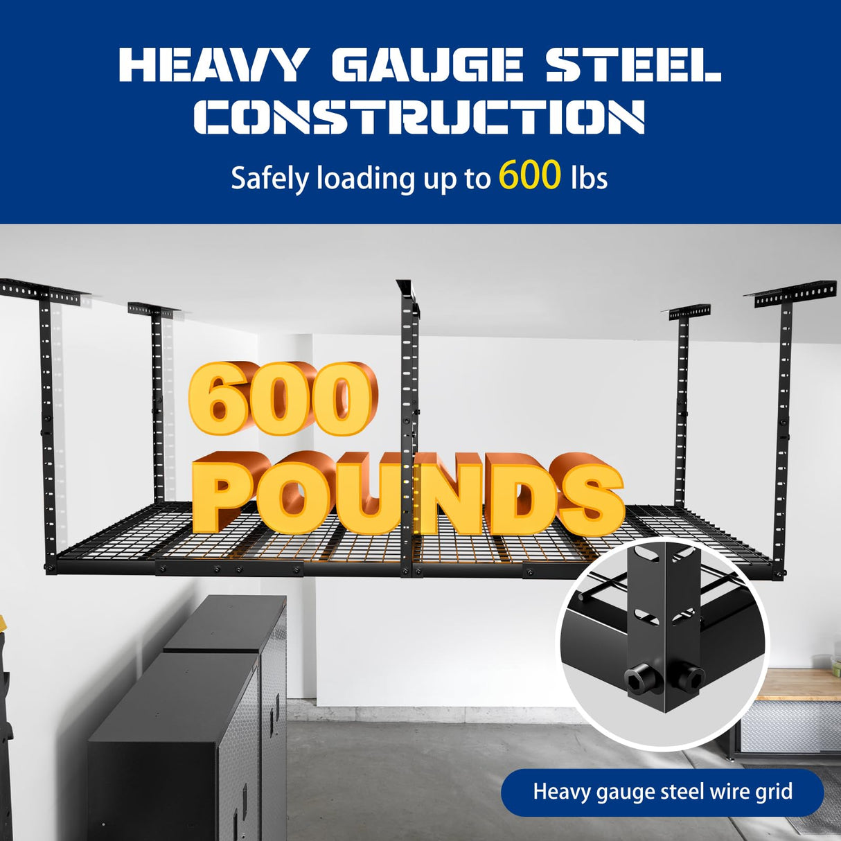 4x8 Overhead Garage Storage Rack with 4 Extra Hooks – Adjustable Heavy-Duty Garage Ceiling Storage Racks (22"-40"), Holds 600 lbs, 22 lbs per Hook, Steel Hanging Organizer for Tools, Bins & Bikes Keelian