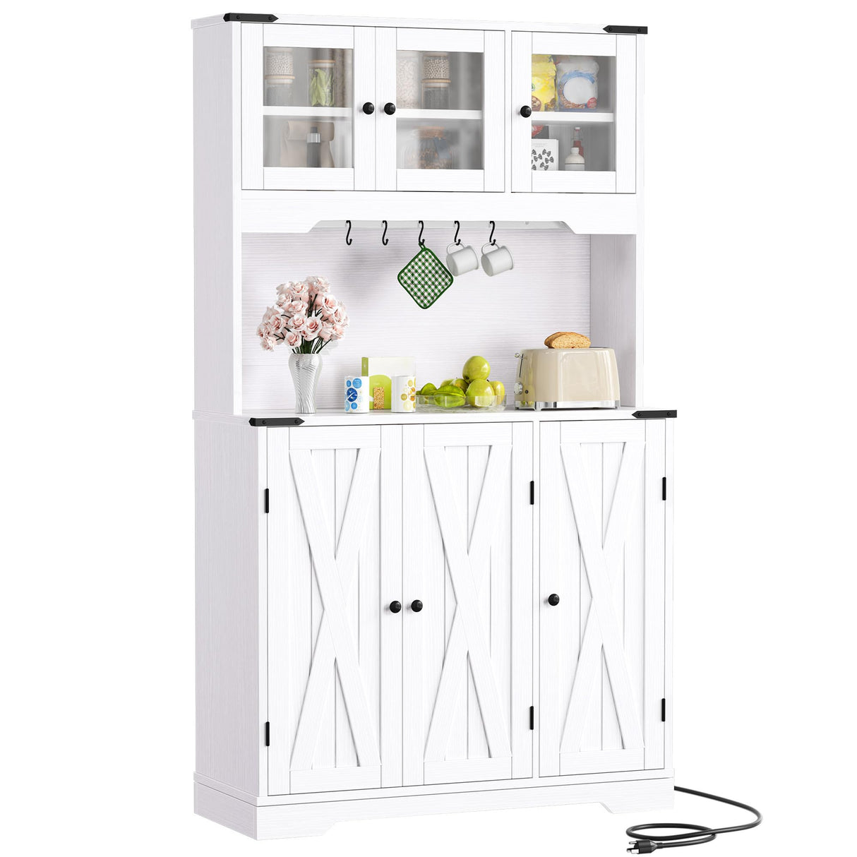 DWVO 71" Tall Kitchen Pantry Cabinet with Charging Station, Kitchen Hutch Storage Cabinet with Drawers, Farmhouse Freestanding Cabinets for Dining Room, White Rustic Oak DWVO