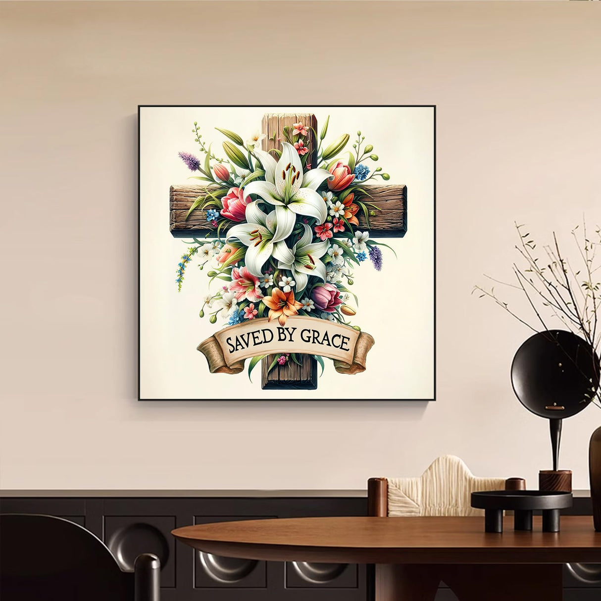 Ceiomez Cross Diamond Art for Adults, Flower Diamond Painting with Cross and Lily Flowers, DIY Full Round Drill Religious Diamond Art for Gift and Home Wall Decor 14x14in Ceiomez