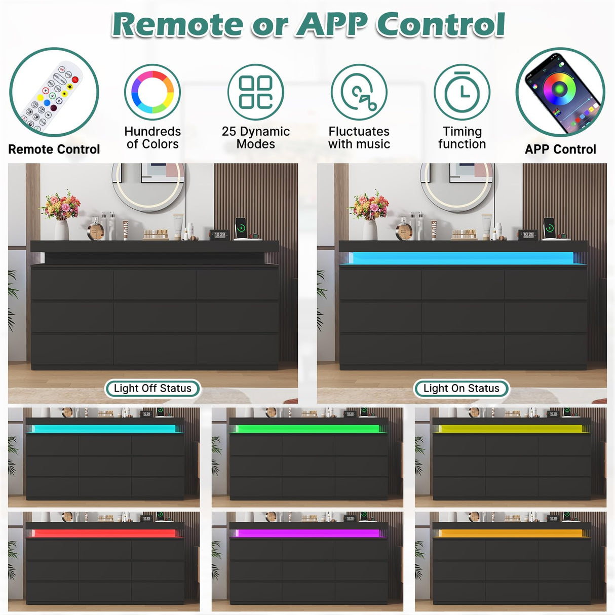 St.Mandyu 9 Drawer Dresser with Power Outlet, 63" Wide Dresser with LED Light, Modern Chest of Drawers for Closet, Double Drawer Organizer Cabinet for Bedroom, Living Room, Black St.Mandyu