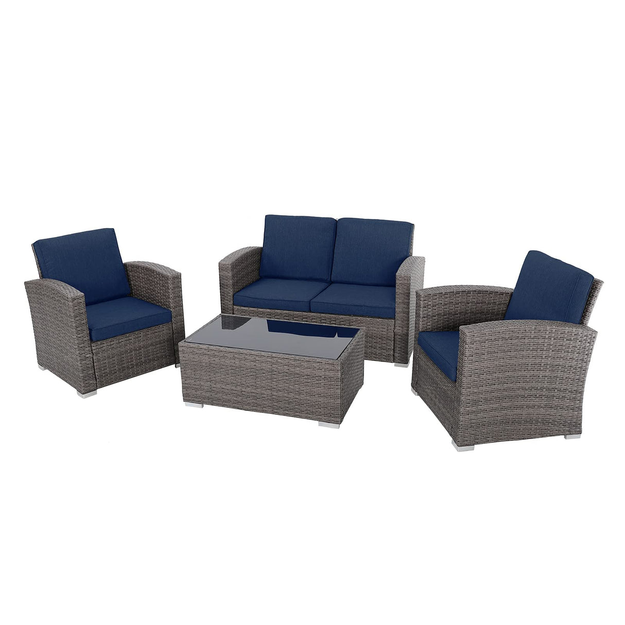 JOIVI Patio Furniture Set, 4 Piece Outdoor Patio Conversation Set, All-Weather PE Rattan Wicker Sectional Patio Sofa Set with Tempered Glass Coffee Table for Family Gatherings, Navy Blue JOIVI