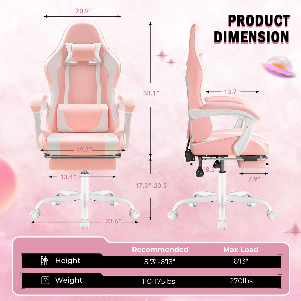Homall Gaming Chair, Video Game Chair with Footrest and Massage Lumbar Support, Ergonomic Computer Chair Height Adjustable with Swivel Seat and Headrest (Pink) Homall