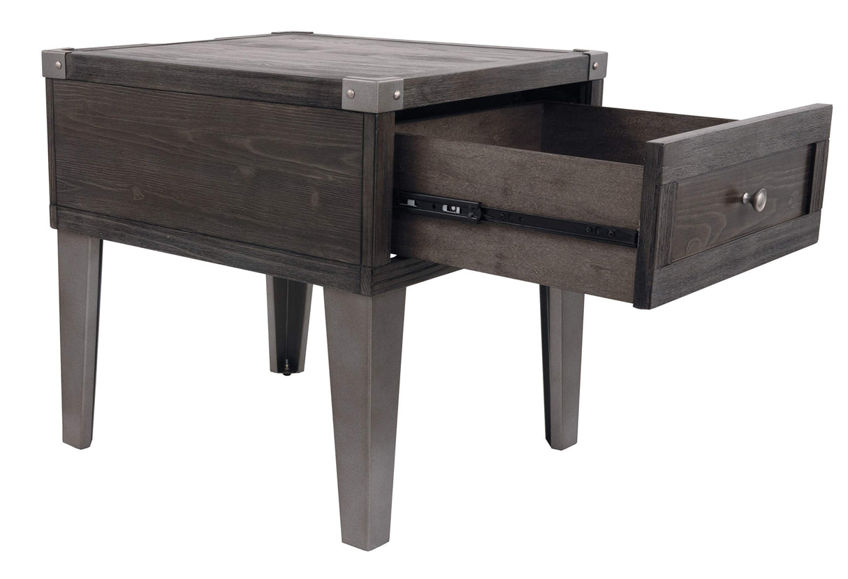 Signature Design by Ashley Todoe Industrial Square End Table with 1 Drawer, 2 Outlets and 2 USB Charging Ports, Dark Gray with Weathered Pine Finish Signature Design by Ashley