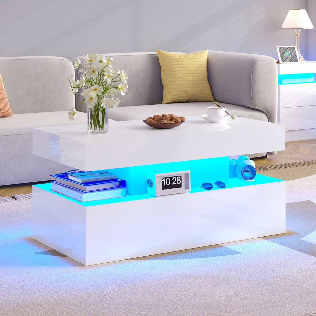 LUXOAK Coffee Table with LED Light, Modern High Gloss Finish Center Table with 2-Tier Storage Space, Minimalist Coffee Table for Living Room, Office, White LUXOAK
