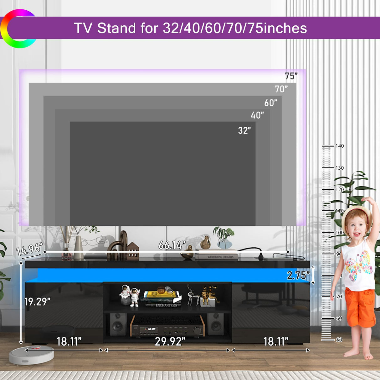 Hlivelood LED TV Stand for 75 Inch TV, Modern TV Stand with Power Outlet, High Gloss TV Console Entertainment Center with Storage and LED Lights for Living Room, Bedroom (66 Inch, Black) Hlivelood