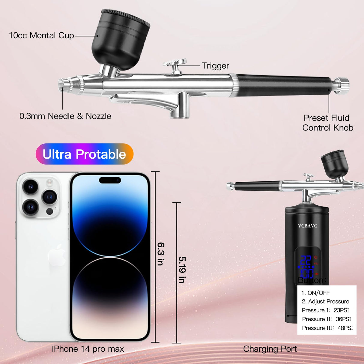 Airbrush Kit with Compressor 48PSI High-Pressure, Non-Clogging Air Brush Set Cordless Rechargeable with 0.3mm Nozzle and Cleaning Brush for Nail Art, Makeup, Painting, and Cake Decorating VCBAVC