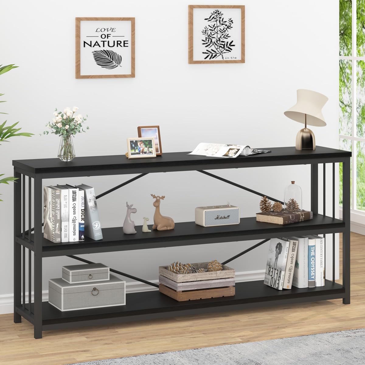 IBF 63" Black Oak Modern 3-Tier Low Horizontal Bookshelf - Stylish and Sturdy Etagere for Home and Office IBF