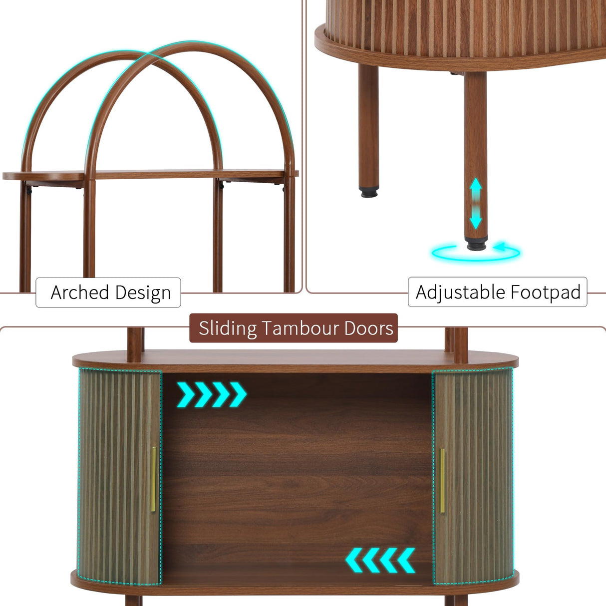 Turtle&Myrtle Tall Arched Bookshelf, Mid Century Modern Fluted Bookcase Cabinet with Sliding Doors, Curved Metal Frame Bookcase, Industrial Storage Display Shelving for Living Room, Bedroom (Walnut) Turtle&Myrtle