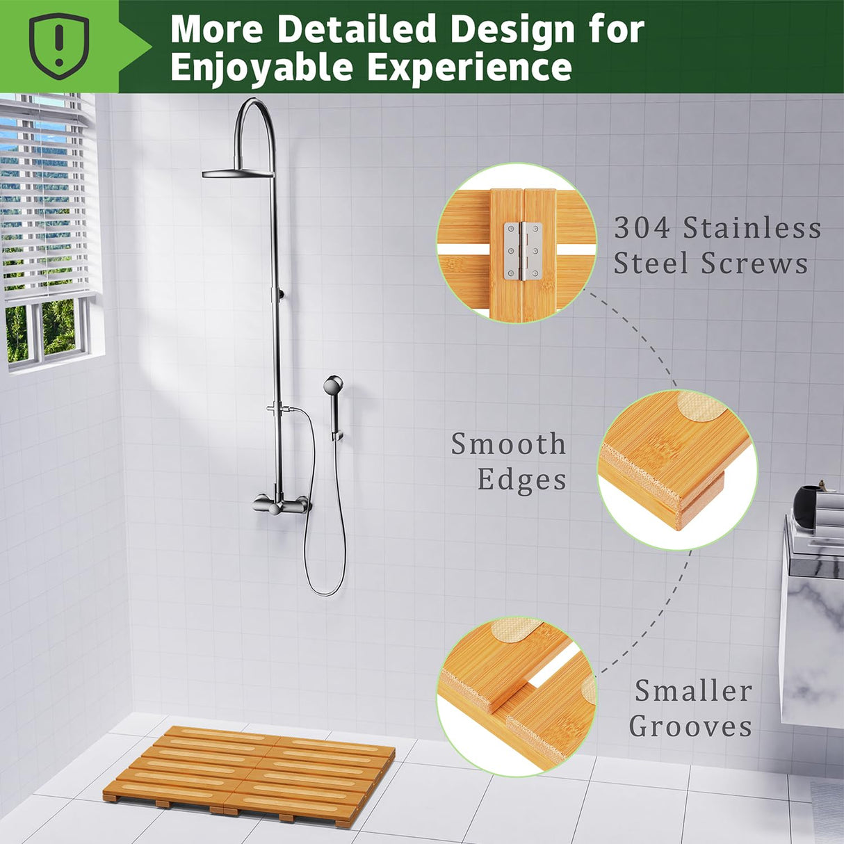 Bamboo Bath Mat for Shower, Dual Anti-Slip for Surface & Bottom, Waterproof Foldable Shower Mat, Easy to Carry and Storage, Wonderful for Indoor Outdoor ( Natural, 20.86×13.77×1.14 Inches) JOJOZOO