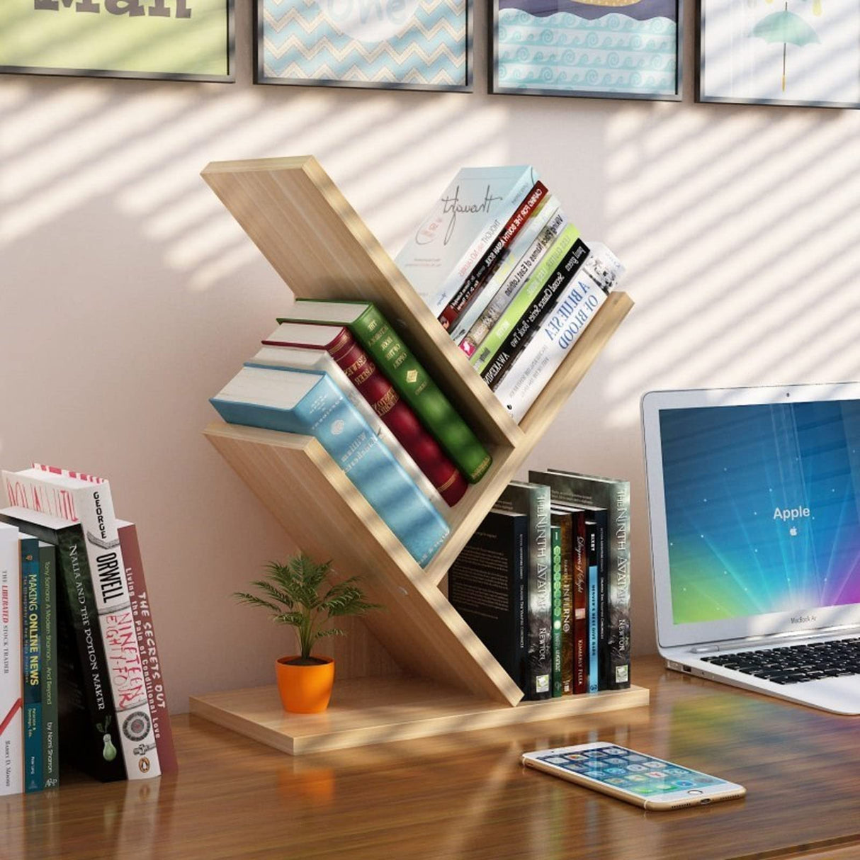 VOVCIG Tree Bookshelf 3 Shelf Desktop Organizer Y Shaped Office Storage Rack Adjustable Wood Display Shelf Small Bookshelf for Bedroom Home Office(Light Yellow) VOVCIG