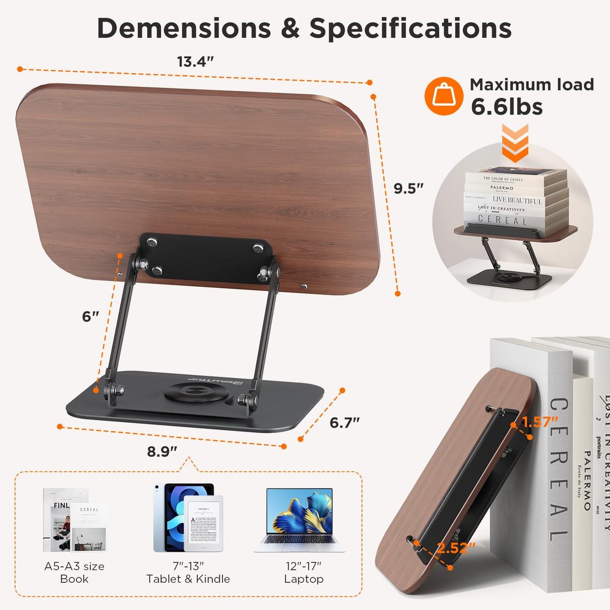 BEAUTRIP Book Stand for Reading, Foldable Book Holder for Desk Hands Free, Display Stand for Office, Kitchen, Cookbooks, Textbook, Recipe, Magazines, Tablets and Laptops with 360° Rotating Base BEAUTRIP