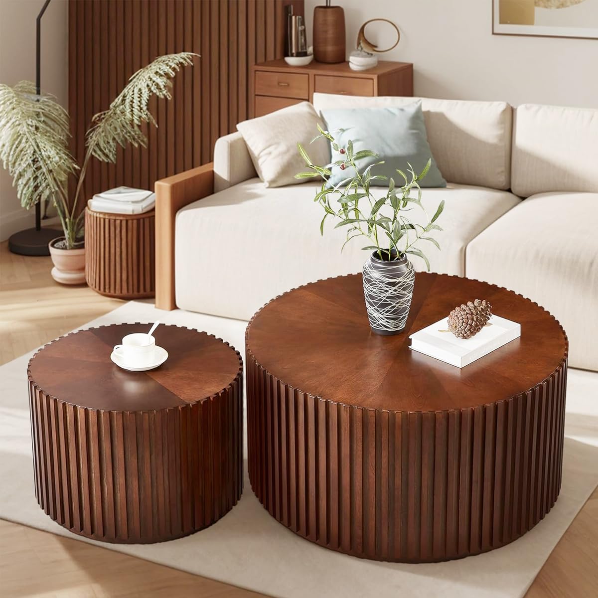 Round Coffee Table Set of 2 Modern Nesting Coffee Tables for Living Room Wave Stripe Round Coffee Table for Living Room Bedroom (I) SOUWOFS