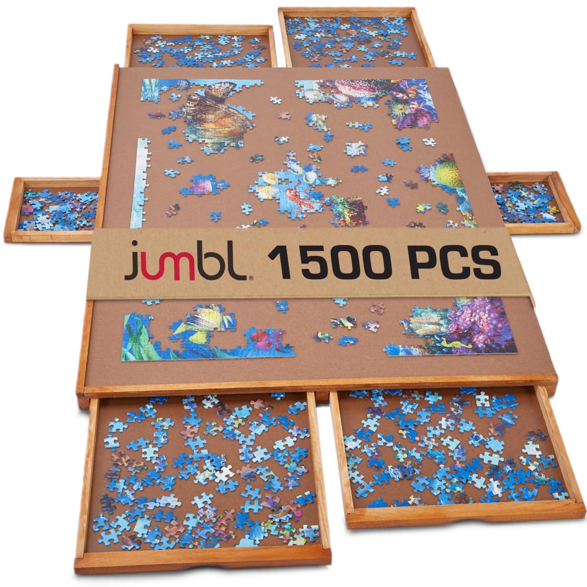 Jumbl 1500-Piece Puzzle Board | 27” x 35” Jigsaw Puzzle Table | 6 Removable Magnetic Sorting Drawers | Smooth Plateau Fiberboard Work Surface & Hardwood Construction | for Games & Puzzles Jumbl