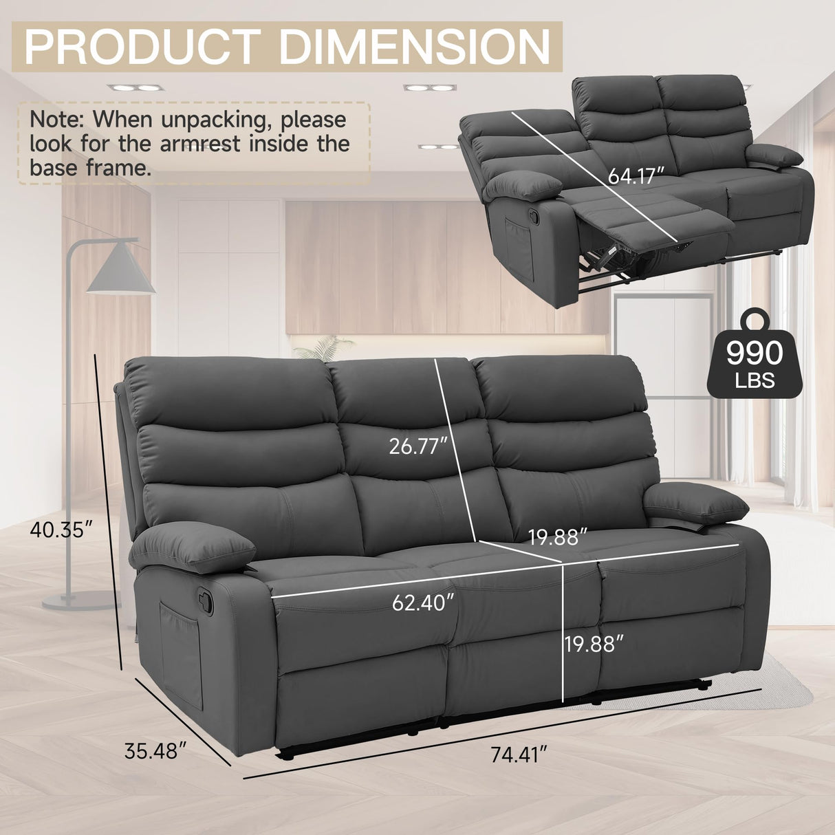 GNMLP2020 Loveseat Recliner Sofa Set, Small Leather Couch 3-Seater Manual Seater Reclining, Triple Recliner Chair for Living Room, RV, Home Theater Seating(Grey, 3 Seater Sofa) GNMLP2020