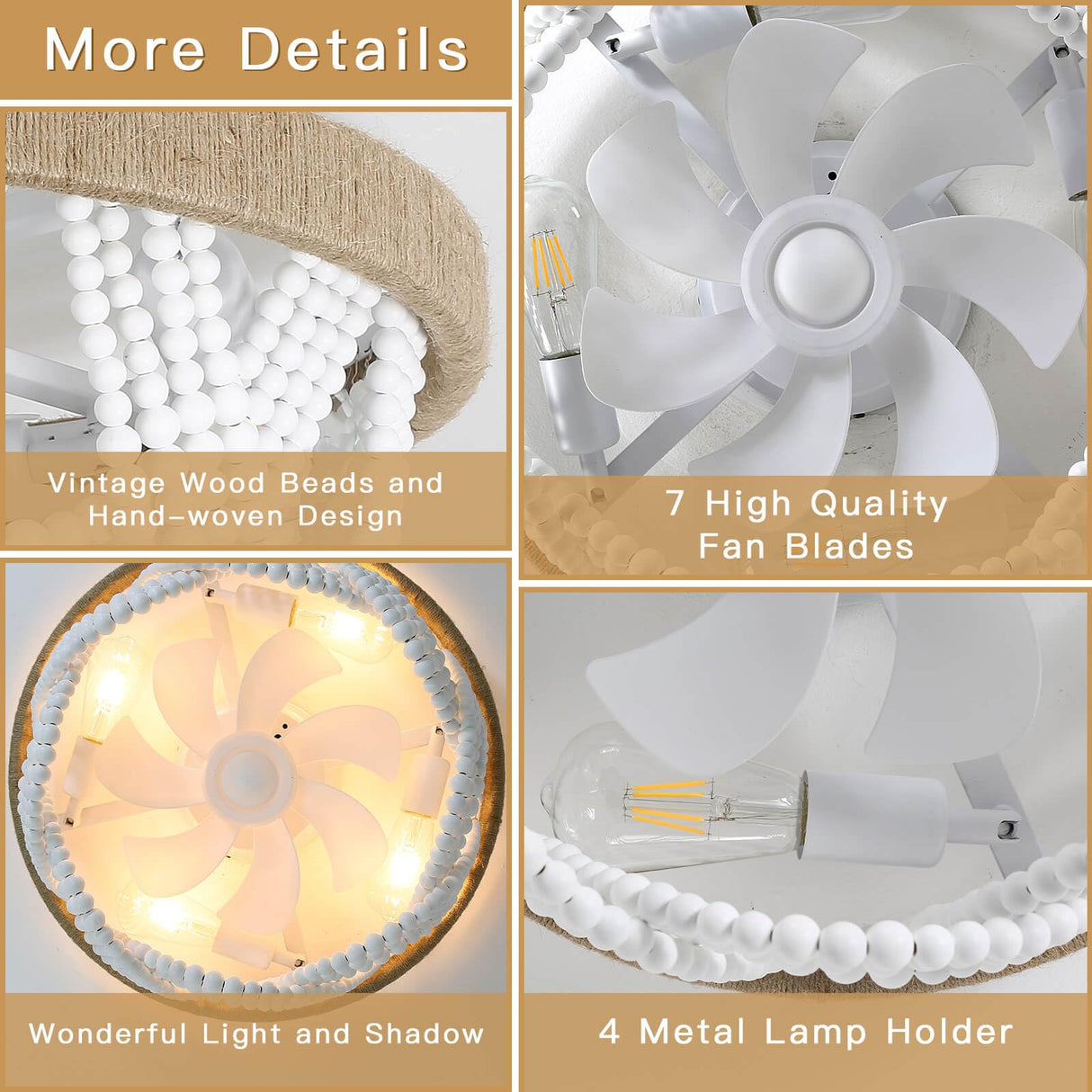 20 Inch Boho Ceiling Fan with Lights, Rustic Flush Mount Beaded Ceiling Fans with Lights and Remote Control, 6-Speed Reversible Bladeless Ceiling Fan for Kitchen, Bedroom, Living Room, Dining POPRHINO