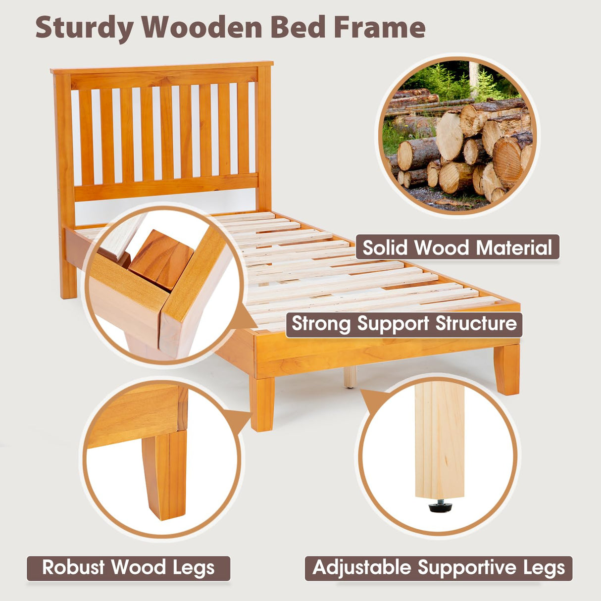 PayLessHere Wood Platform Bed Frame with Headboard Twin Size Solid Wood Foundation/Wood Slats Support/No Box Spring Needed/Easy Assembly,Brown PayLessHere