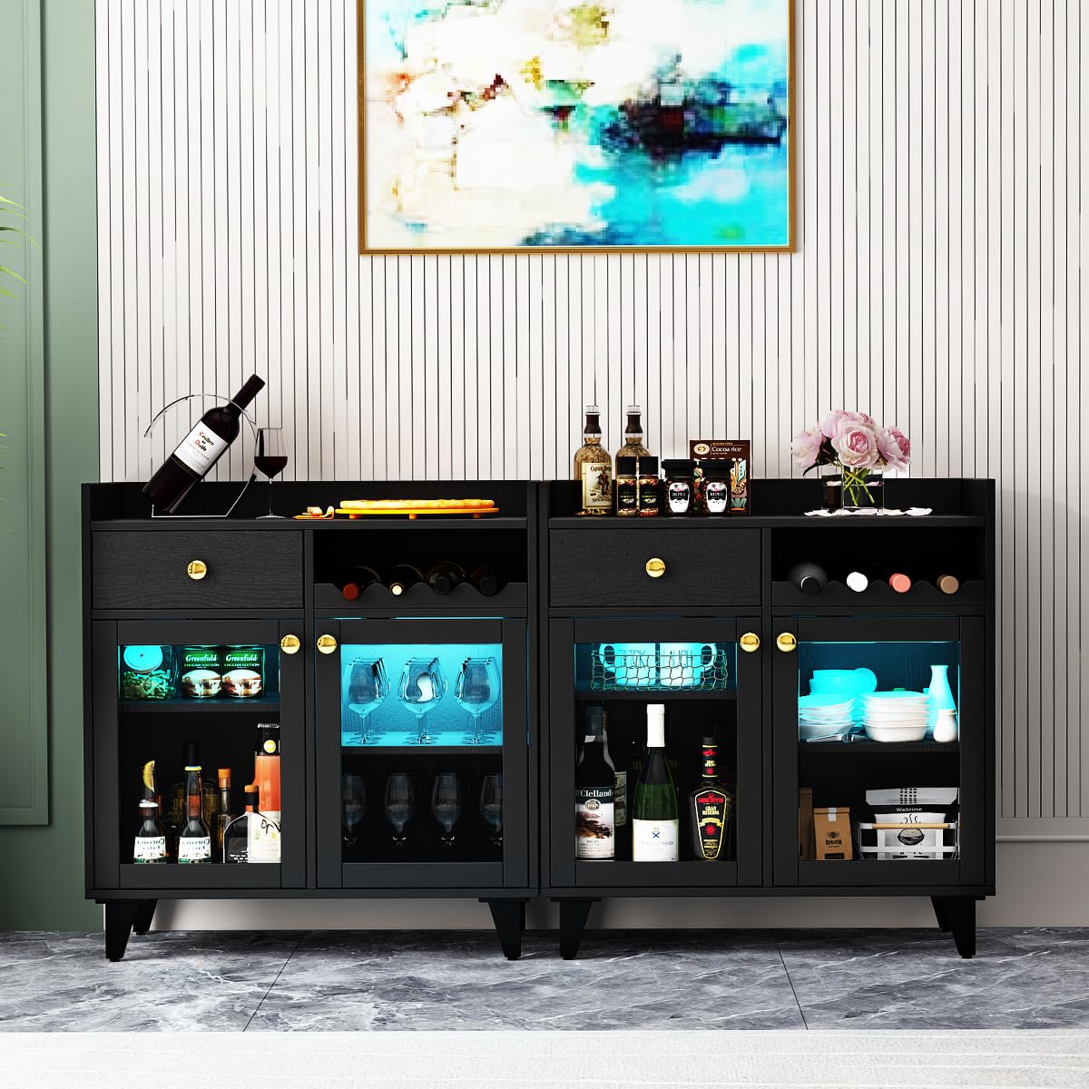 COCO DESIGN Small Bar Cabinet, Black Modern Liquor Wine Cabinet with Storage with Led Light for Home, Farmhouse Buffet Coffee Sideboard with Glass Door & Wavy Wine Rack for Kitchen COCO DESIGN