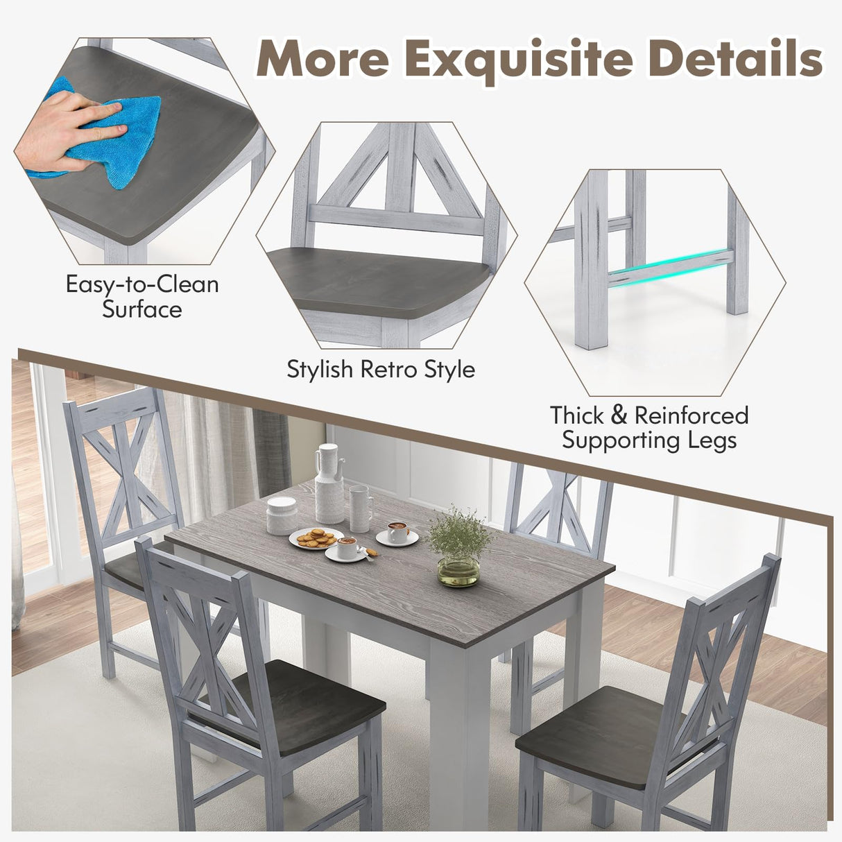 Giantex Retro Wooden Dining Chairs Set of 2, Farmhouse Kitchen Chairs w/Rubber Wood Frame, Elegant Hollowed Backrest, Armless Dining Room Chairs, Rustic Side Chairs for Restaurant, Living Room, Grey Giantex