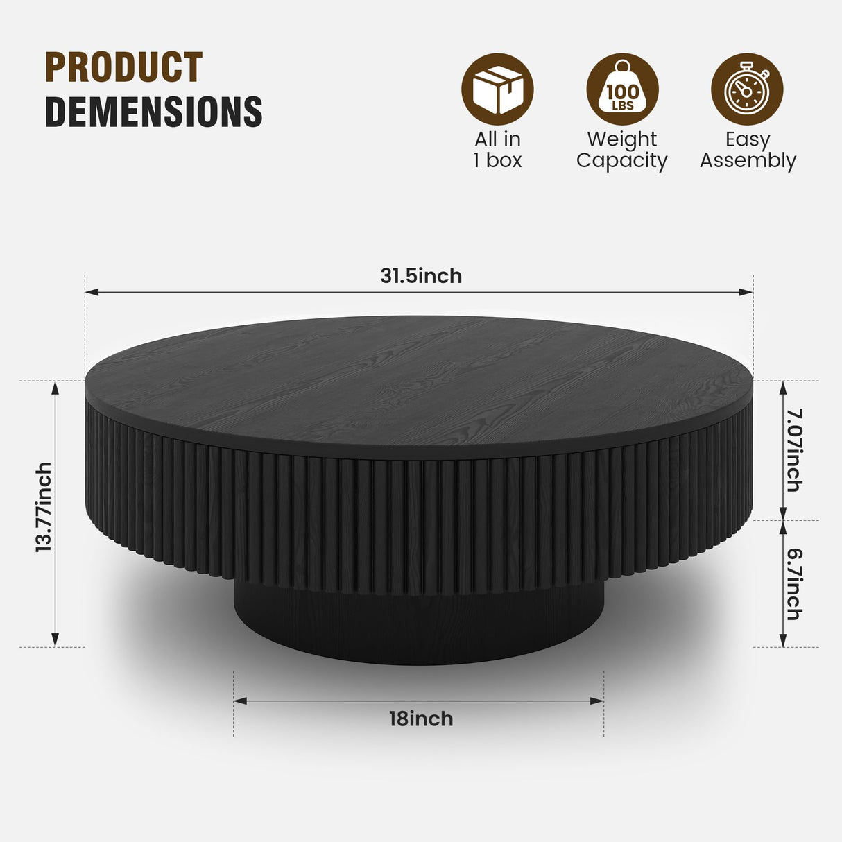 Apicizon 31.5'' Black Round Fluted Coffee Table for Living Room, Mordern Wood Coffee Table, Drum Coffee Table for Small Space, Center Accent Table, Mid-Century End Table for Apartment Apicizon