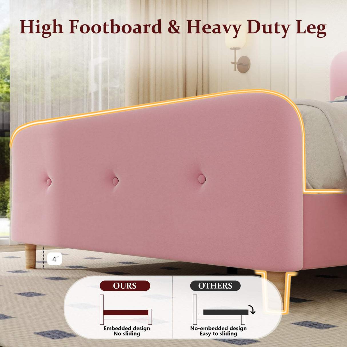 Queen Size Platform Bed Frame with Velvet Upholstered Headboard, Button Tufted Headboard and Footboard, Anti-Collision Soft Rounded Corners, No Box Spring Needed, Easy Assembly, Pink viplov