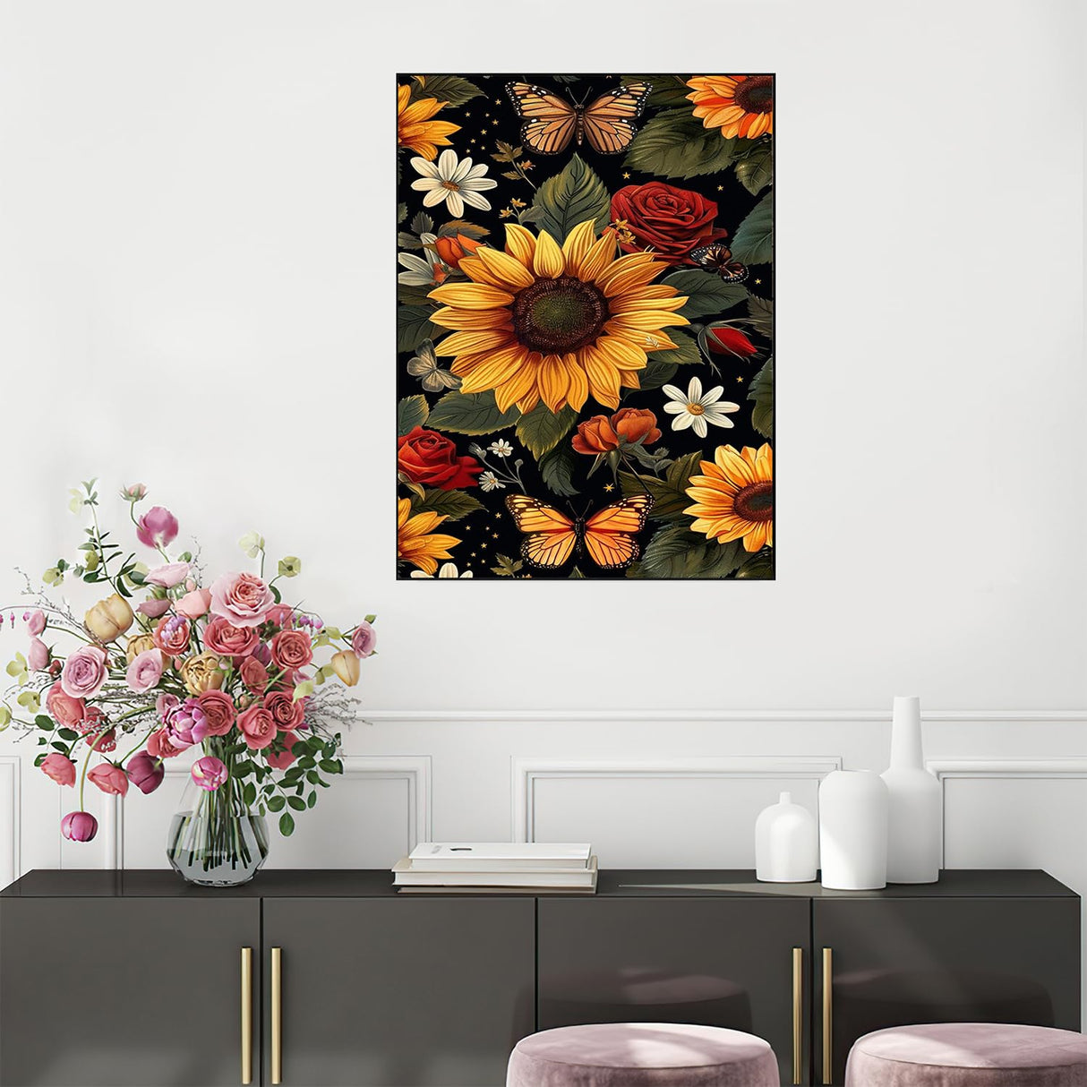 TOPMCYSG Sunflower Diamond Art Kits for Adults,Flowers Butterfly 5D Diamond Painting Kits for Beginners,DIY Round Full Drill Diamond Dots Paintings Picture Gem Art Crafts for Home Wall Decor 12x16 in TOPMCYSG