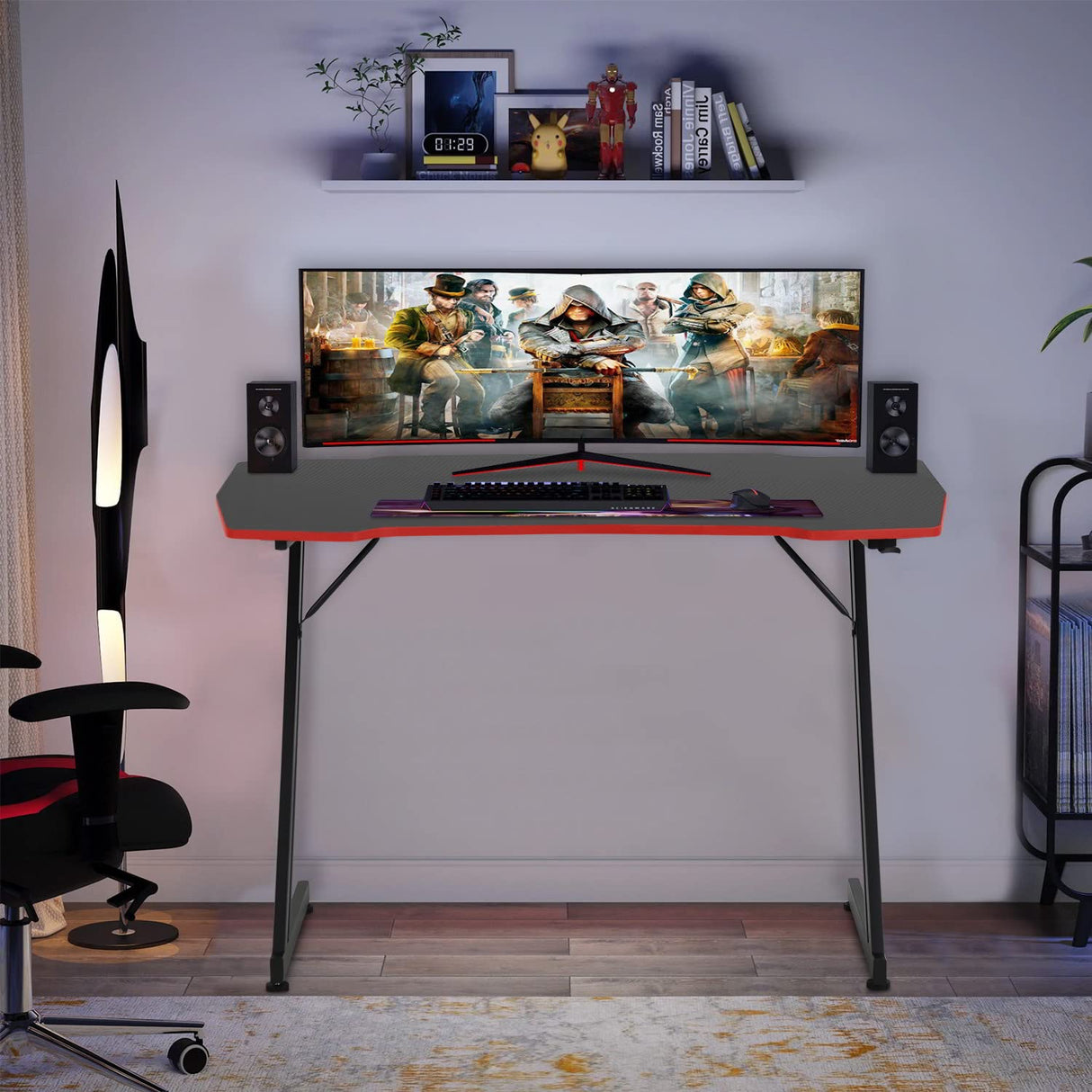 BestOffice 35"/39"/47" Computer Desk Z Shaped Workstation Ergonomic Table with Headphone Hook for Game Players (Red, 47 in) BestOffice