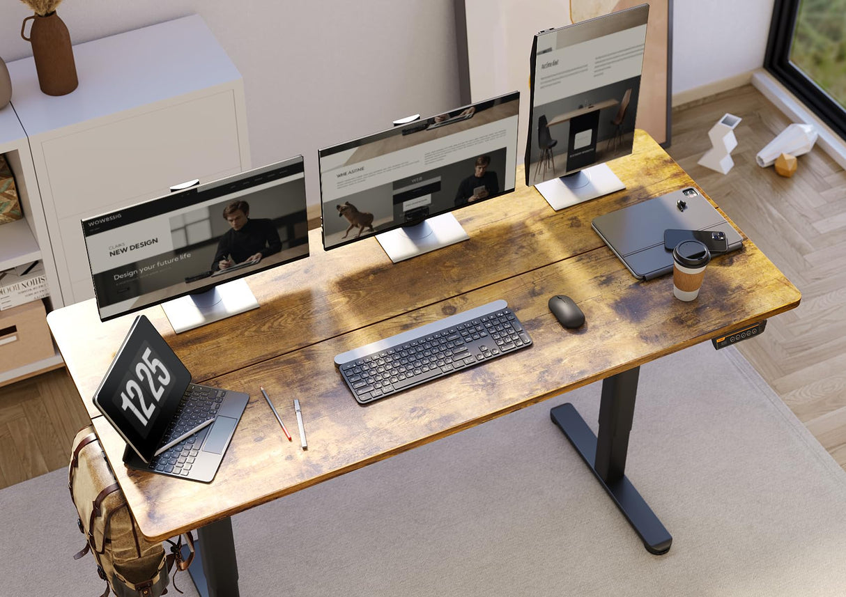 Claiks Electric Standing Desk, Adjustable Height Stand up Desk, 55x24 Inches Sit Stand Home Office Desk with Splice Board, Black Frame/Rustic Brown Top Claiks