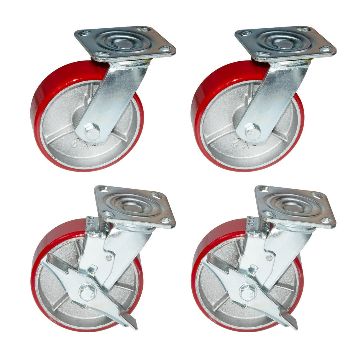 Nisorpa 6 inch Heavy Duty Casters Set of 4 Swivel Steel Wheels Red Polyurethane Lockable Caster Wheels for Industrial Trailer, Furniture - 2 with Brakes and 2 without Brakes Nisorpa