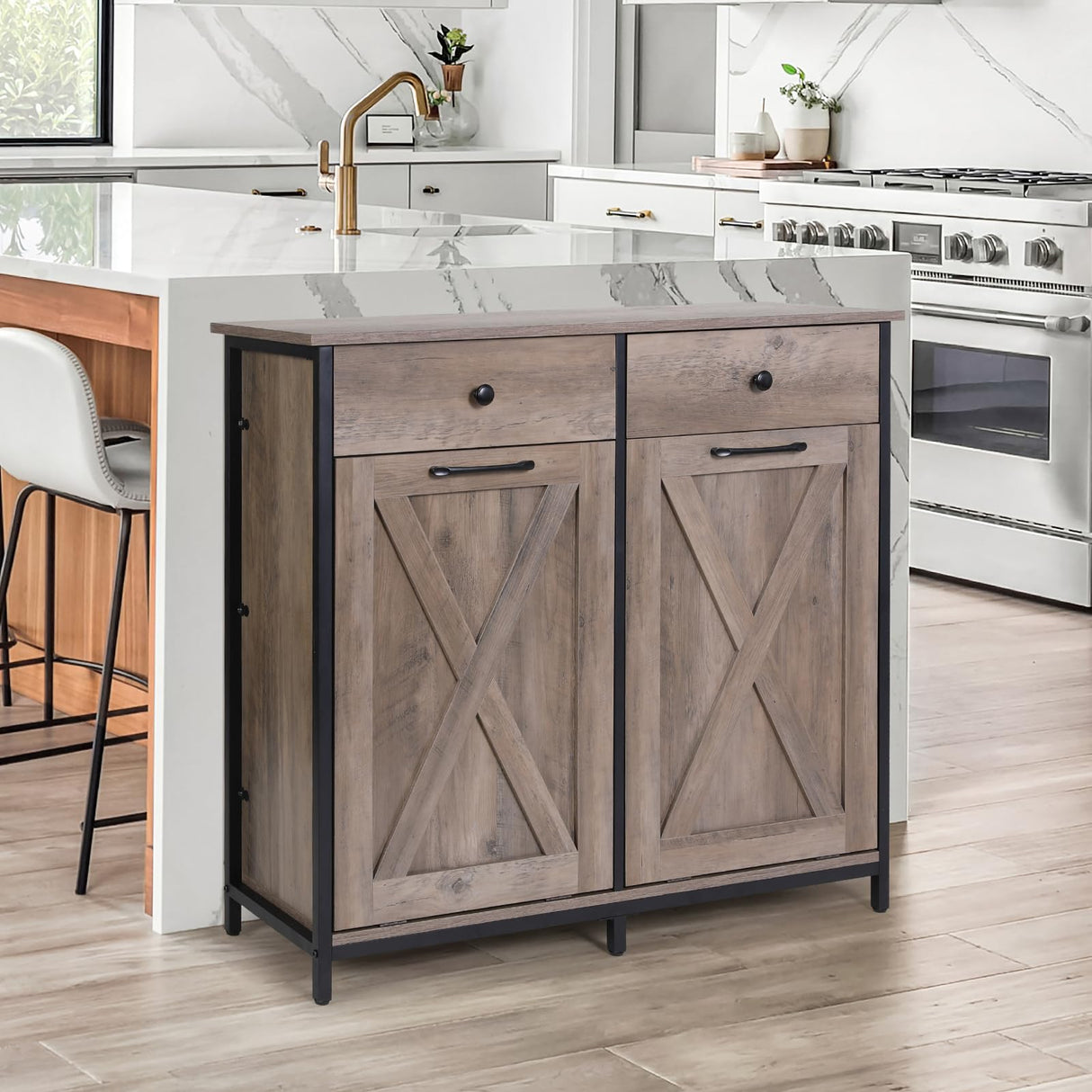 Arlopu Double Tilt Out Trash Cabinet, 20 Gallon Pet Proof Kitchen Pull Out Recycle Cabinet, Freestanding Wooden Laundry Sorter Cabinet, W/Drawer, Barn Door, for Home, Living Room, (Greige) Arlopu