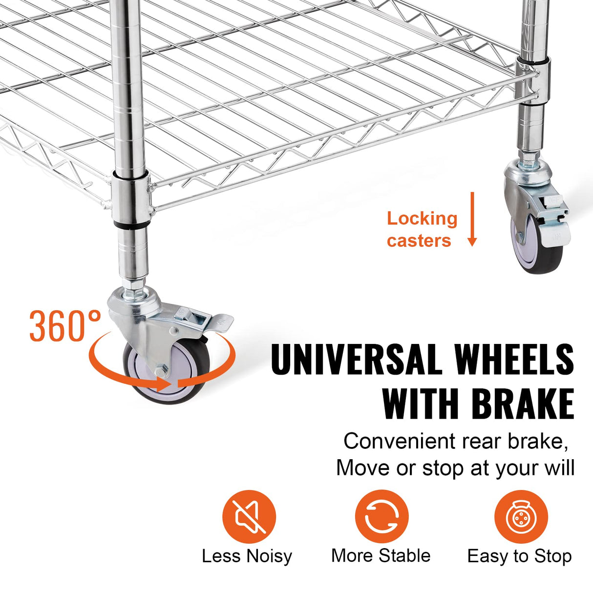 VEVOR Kitchen Utility Cart, 36.6"x20"x24" 3 Tiers Wire Rolling Cart, 470LBS Capacity Steel Service Cart with Brake Wheels, Storage Trolley with 76mm Basket PP Liner 6 Hooks, for Indoor & Outdoor Use VEVOR