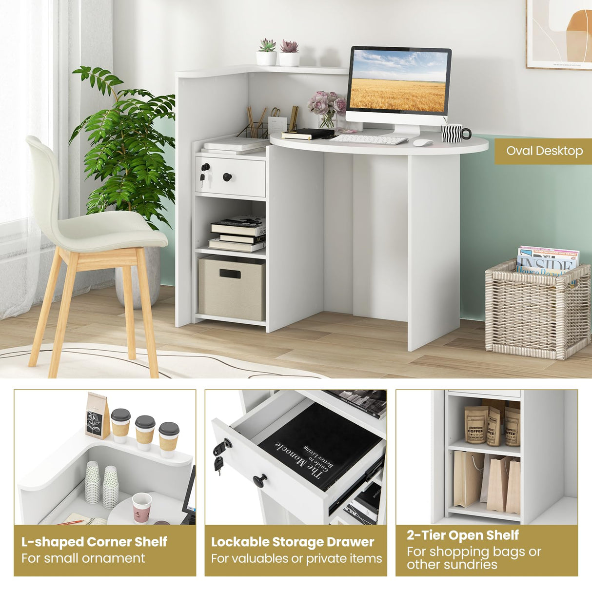 Giantex Reception Desk, Front Counter Desk with Lockable Drawer, Checkout Table with Round Tabletop, Corner Shelf & Adjustable Shelf for Office Beauty Salon Retail Store (White) Giantex