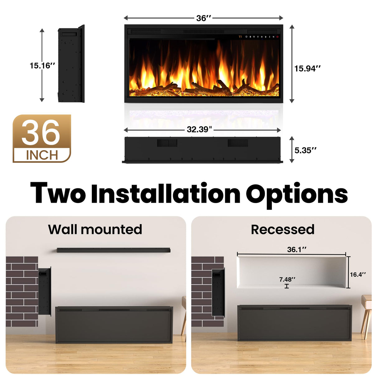 Riseon 36 Inch Electric Fireplace Heater, Recessed in-Wall and Wall-Mounted Linear Heater Fireplace,13 Adjustable Flame Color and 5 Brightness,Touch Screen & Remote Control,1500/750W, Black Riseon