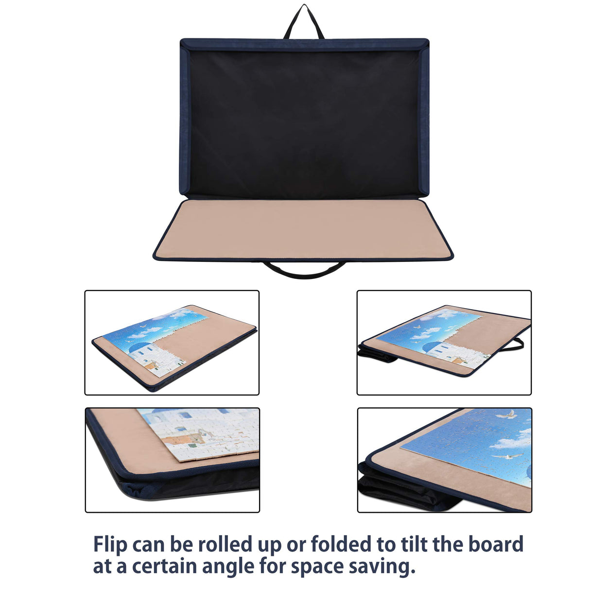 Becko US Puzzle Board with Trays & Cover Portable Jigsaw Puzzle Case Puzzle Storage Puzzle Saver, Non-Slip Surface, for Up to 1000 Pieces (Dark Blue & Khaki) Becko US