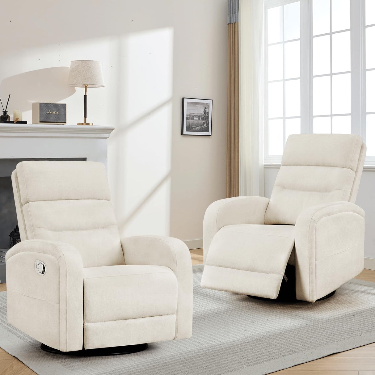 AEMEIOS Nursery Rocking Recliners, 360° Swivel Glider Rocker Recliner with Double Pockets, Manual Nursery Glider Rocker Recliner for Living Room, Chenille White AEMEIOS