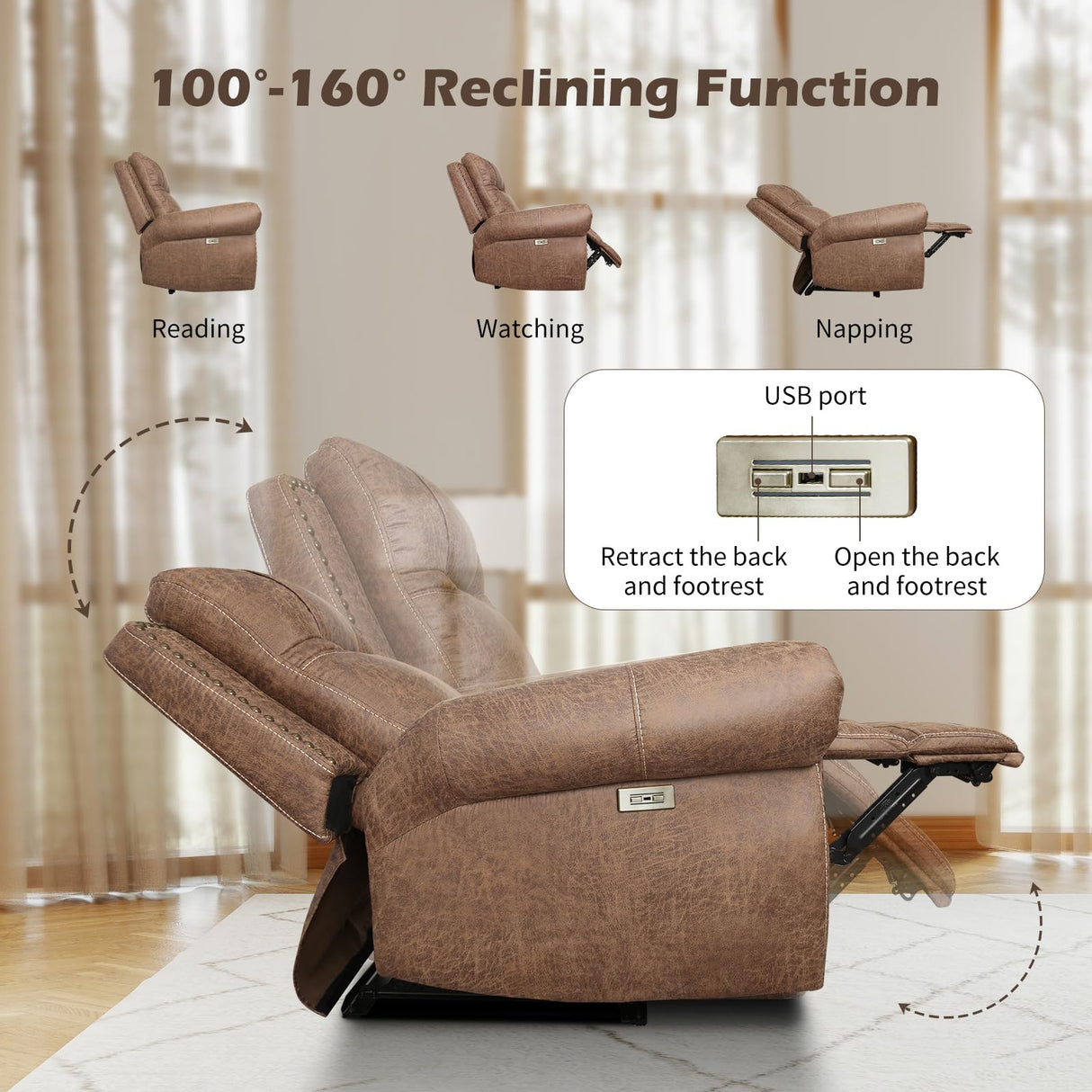 CANMOV Power Recliner Chair for Adults,Faux Leather Electric Reclining Chair with Overstuffed Arm and Back,Classic Power Recliner Single Sofa with Rivet Decoration, USB Port for Living Room,Nut Brown CANMOV