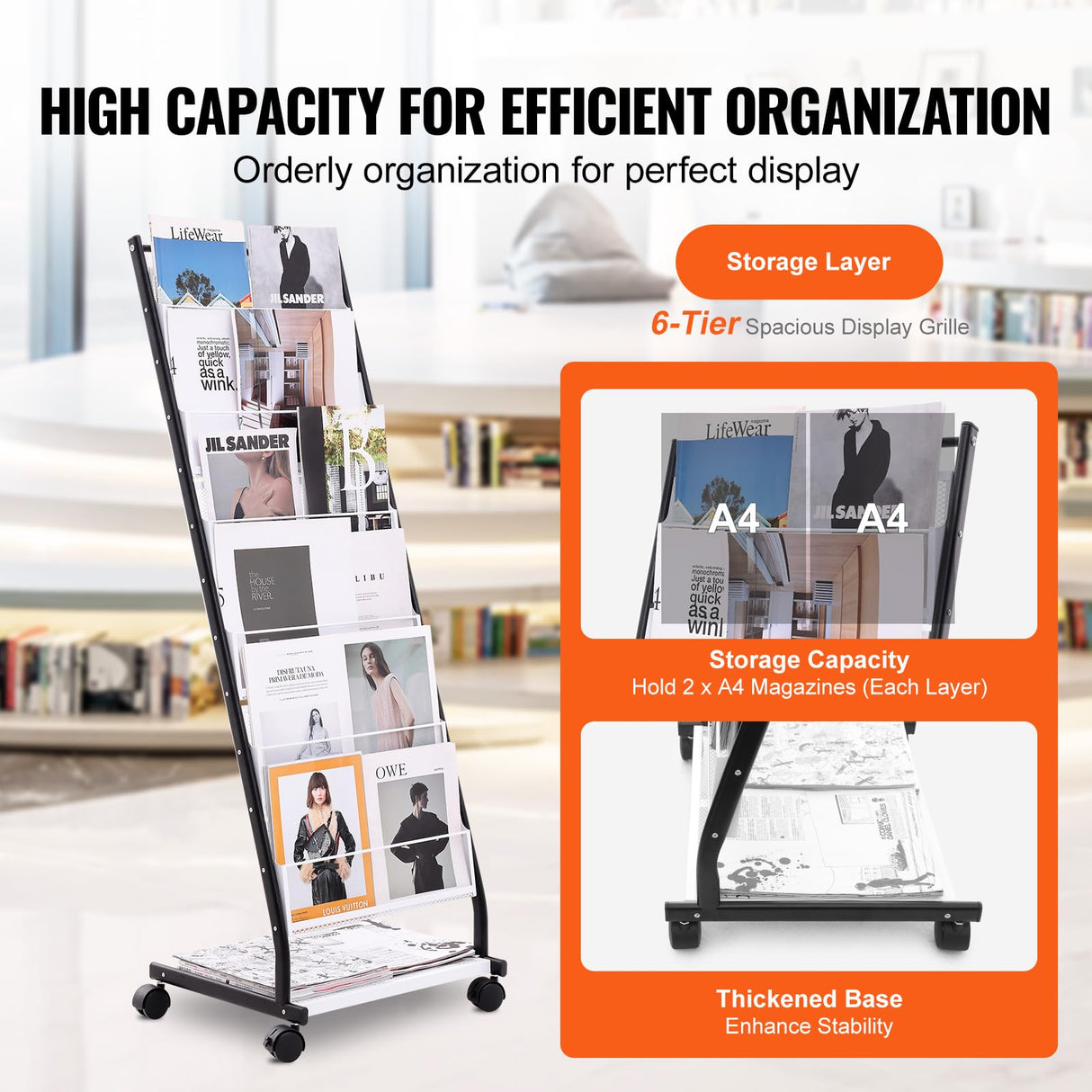 VEVOR Brochure Display Rack, 6-Tier Magazine Literature Display Stand, Floor Standing Magazine Rack Newspaper Catalog Holders, Movable with 4 Wheels (2 Lockable) for Shop Exhibitions Office, 6 Pockets VEVOR