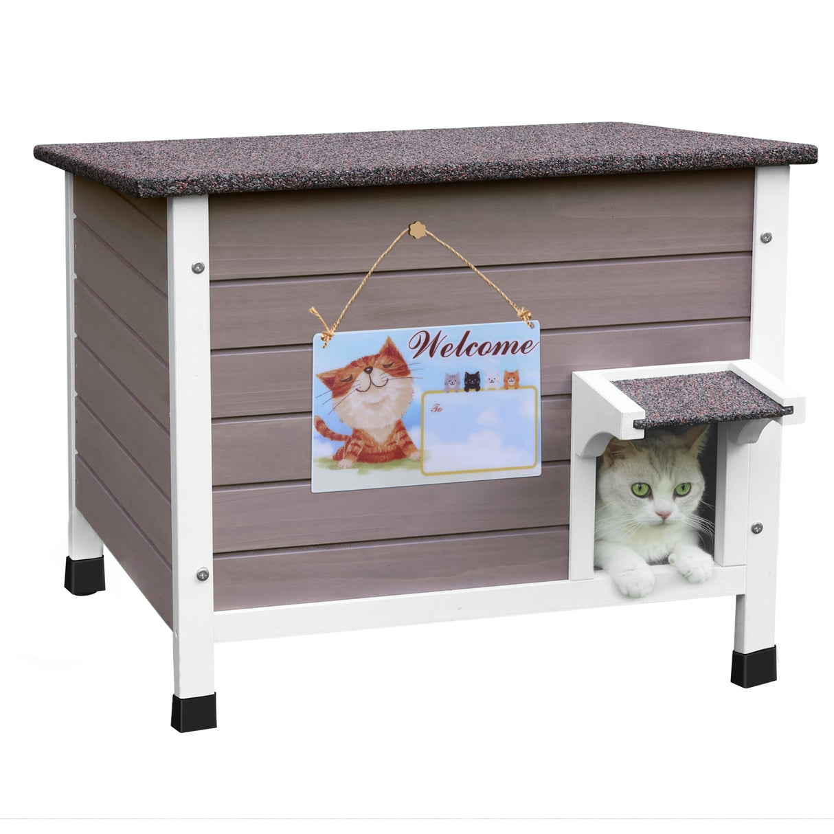 Deblue Insulated Cat Houses for Outdoor Cats, Weatherproof Feral Cat House with All-Round Foam, Wooden Cat Shelter for Multiple Cats - Grey Deblue