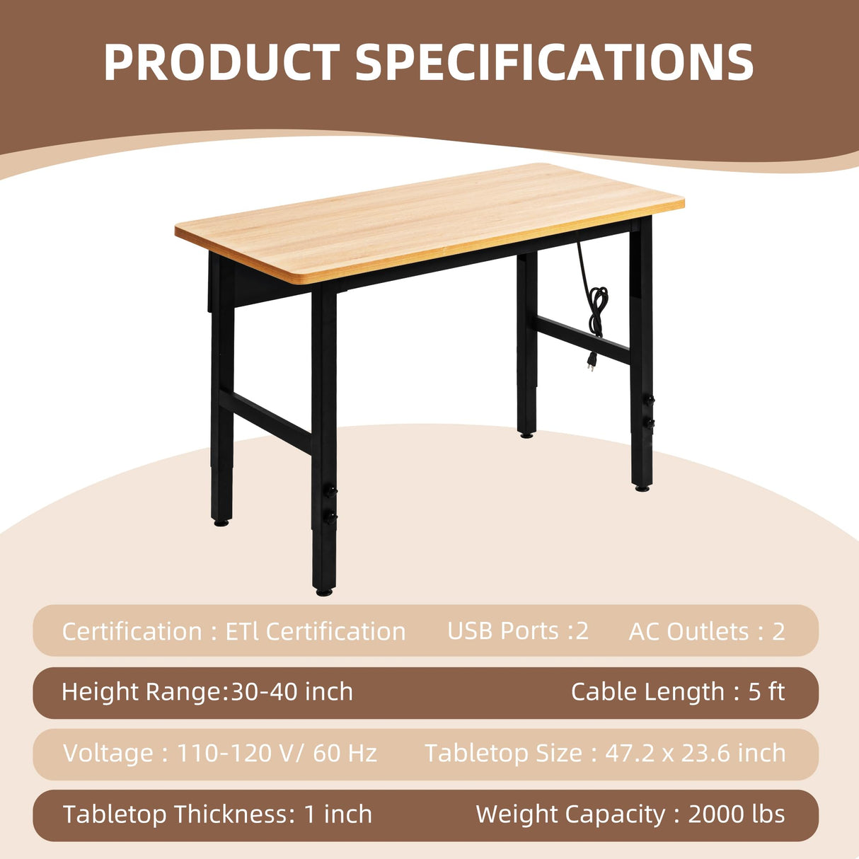 48" Adjustable Workbench with Power Outlets, Work Table for Garage, 2000 LBS Capacity Hardwood Work Bench, Heavy Duty Table for Workshop, Office, Garage, Home spanspace