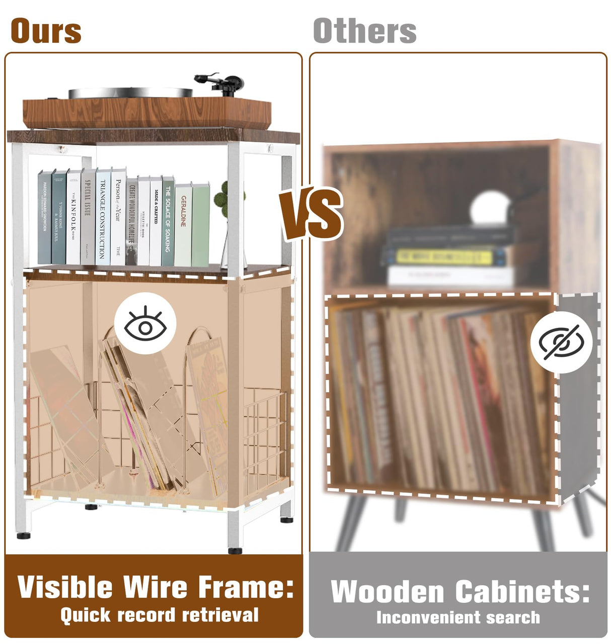 Tuohours Record Player Stand, 3 Tier End Side Table with Vinyl Record Storage Basket, Turntable Table up to 100 Albums Record Shelf Display Holder Cabinet for Living Room, Bedroom, Office Tuohours