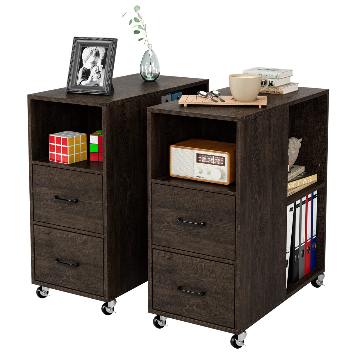 HOSTACK End Side Table, Narrow Nightstand with Storage Drawers and Adjustable Shelf, Rolling Bedside Table for Bedroom, Living Room, Home Office, Dark Brown HOSTACK