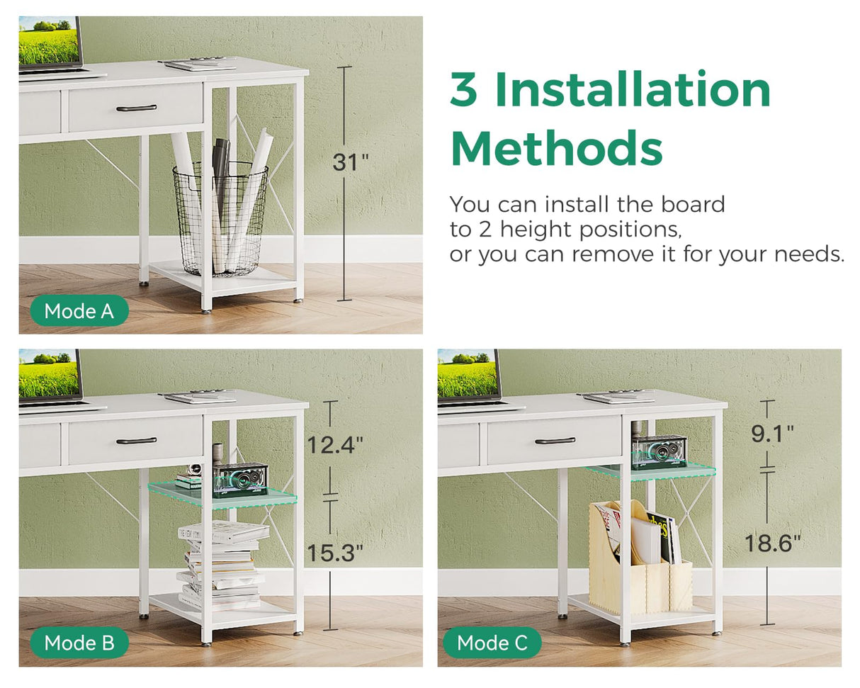 Coleshome Laptop Desk, 40 Inch Small Desk with Drawers & Power Outlet for Bedroom, Computer Desk Home Office Desk with Storage Shelves, Reversible Study Table Vanity Desk for Small Spaces, White Coleshome
