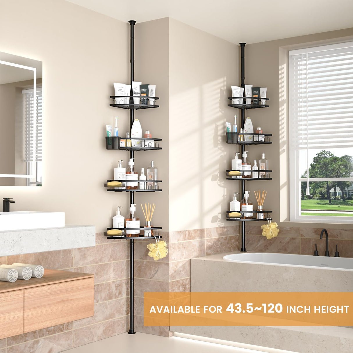 Foukus Tension Pole Shower Caddy Corner: Adjustable 4tier Bathroom Organizer Shelves - Rustproof Bathtub Shampoo Rack 43.5-120 inch Foukus