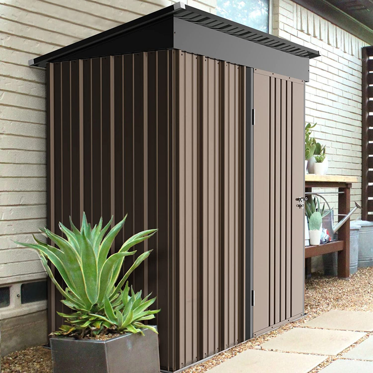 LEMBERI 5x3 FT Outdoor Storage Shed with Floor,Tool Garden Metal Sheds with Lockable Door,Outside Waterproof Galvanized Steel Storage House for Backyard Garden, Patio, Lawn Brown LEMBERI