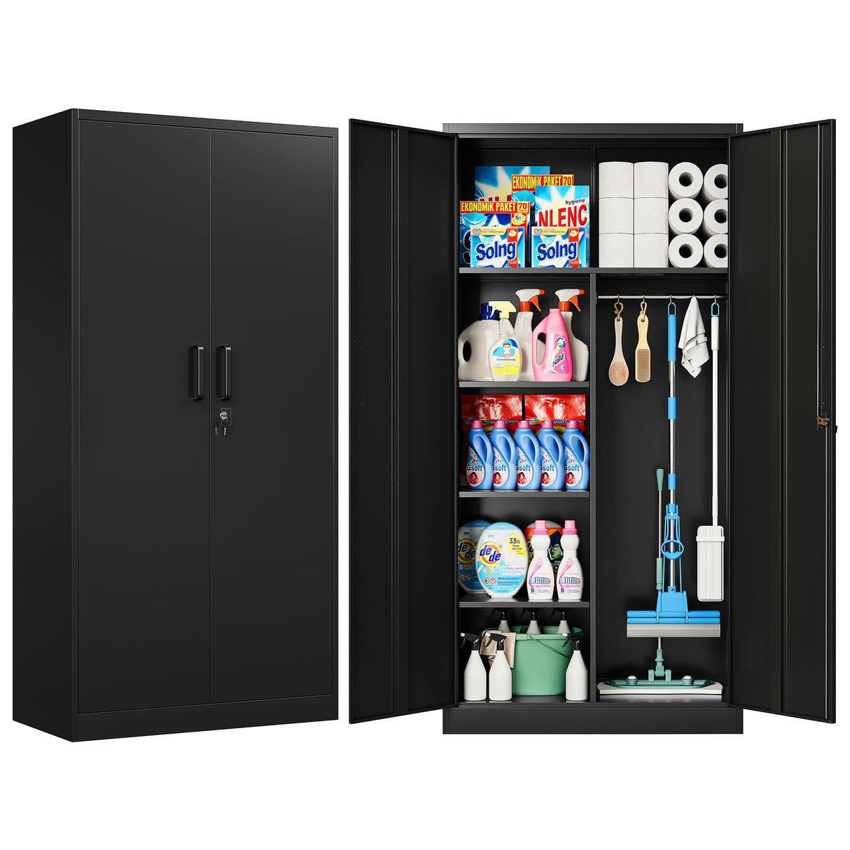 Wide & Deep Metal Storage Cabinet with Hanging Rod,Black Broom Closet Storage Cabinet with Lock,72" Tall Wardrobe Cabinets with Doors and Shelves,Locking Steel Tool Cabinets for Home,Office,Garage SISESOL