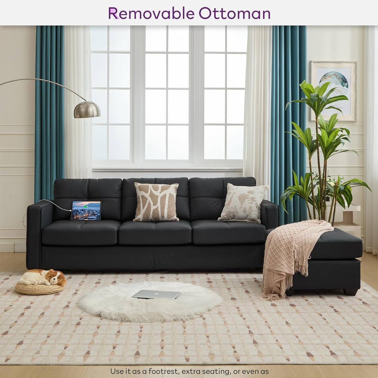 TYBOATLE 88" W Black Faux Leather Sofa Couch L Shaped Sectional Couches for Living Room, Comfy Modular Convertible Sofas w/USB, Home Office Sofa Set with Chaise for Bedroom Small Space TYBOATLE