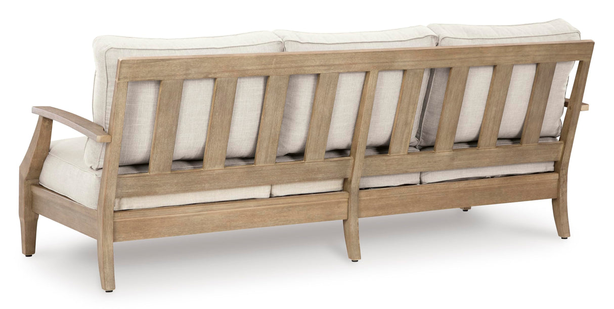 Signature Design by Ashley Carter Hall Outdoor Eucalyptus Wood Patio Sofa – Cushioned with UV-Resistant Nuvella Fabric, 5-Step Protective Finish, Beige Signature Design by Ashley