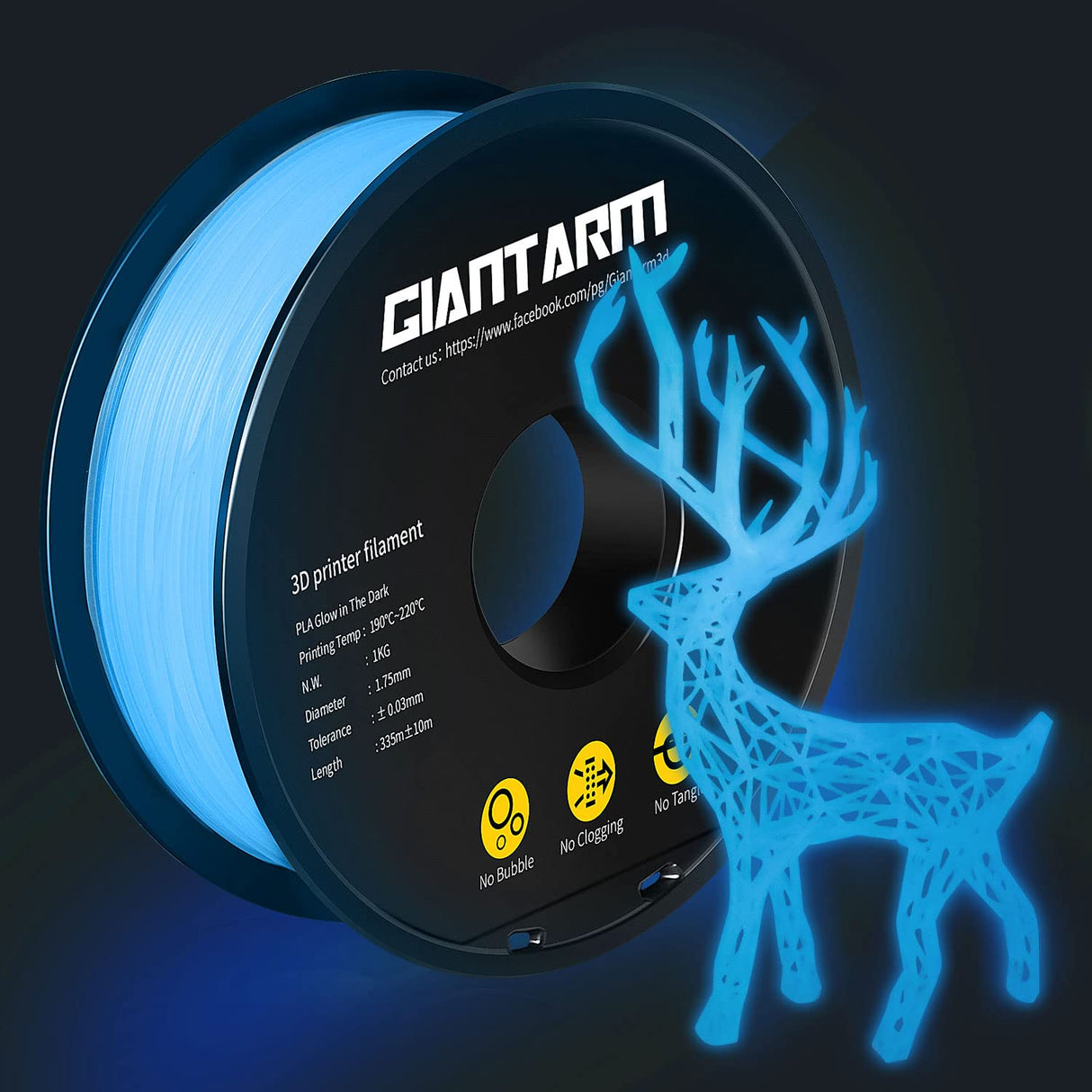 GIANTARM Glow in The Dark Blue Luminous 1.75mm(±0.03mm) PLA Filament 1kg Spool, High Brightness and Long Time Glow, Fit for Most FDM 3D Printer GIANTARM