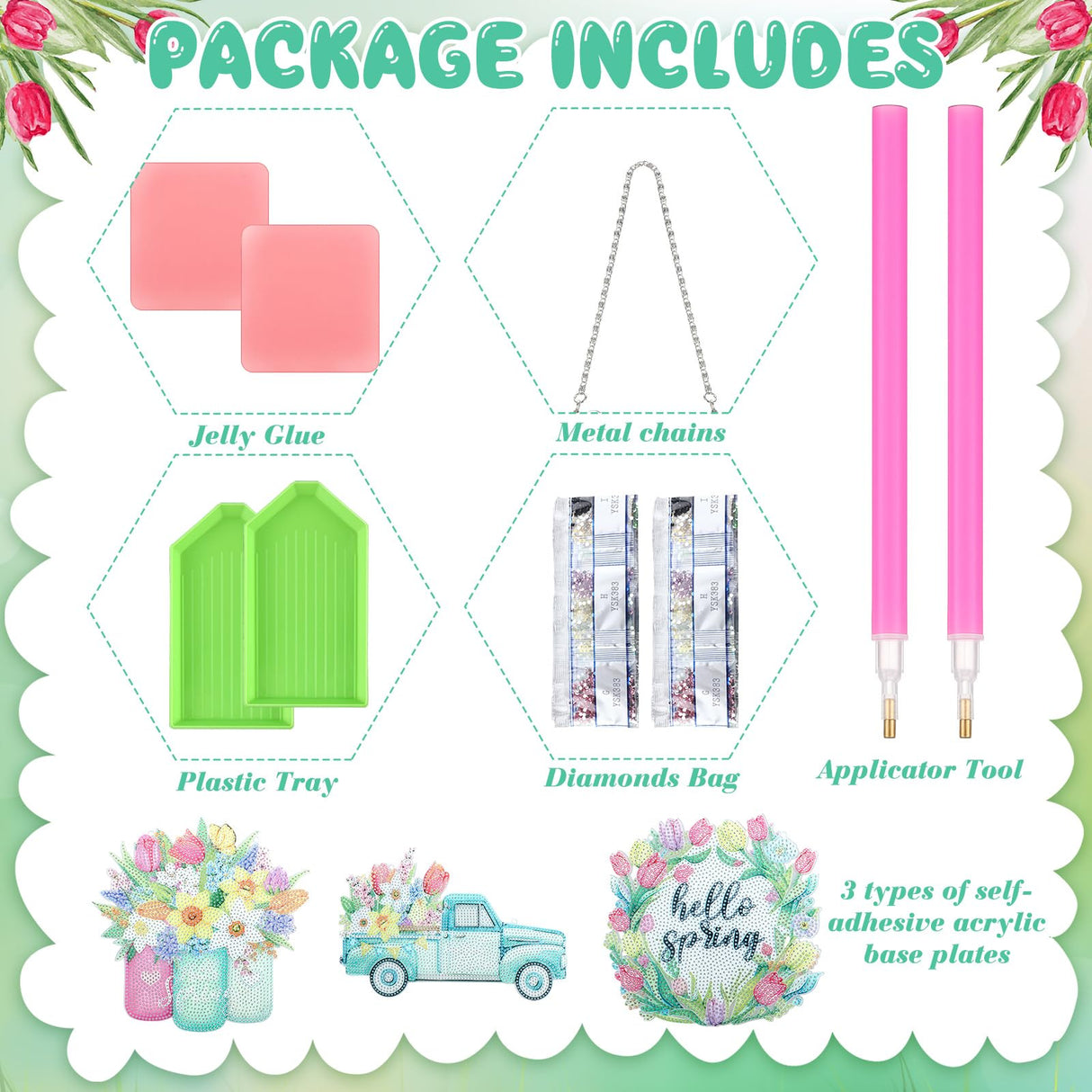 Menkxi 3 Pcs Spring Flowers Diamond Painting Kit DIY Spring Diamond Painting Hanging Sign Crystal Rhinestone Door Sign Wall Hanging Crafts for Beginners Gift Home Wall Window Decor Menkxi